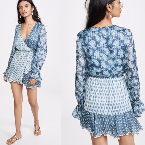 HEMANT & NANDITA Dresses & Skirts - HEMANT & NANDITA | Kaiyo Wrap Deep V Paisley Ruffle Trim Mini Dress Blue